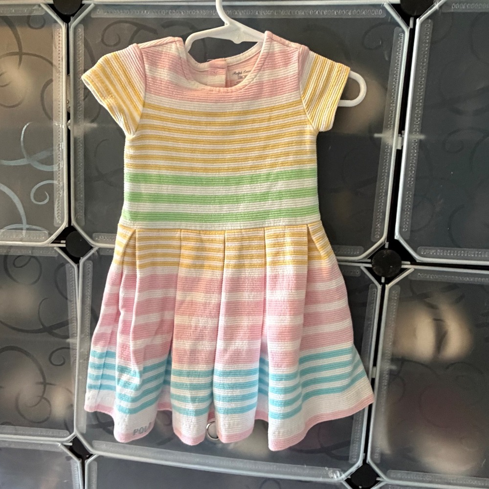 Ralph Lauren Baby Girls Pastel Rainbow Striped Pleated Dress 12M Multi Color